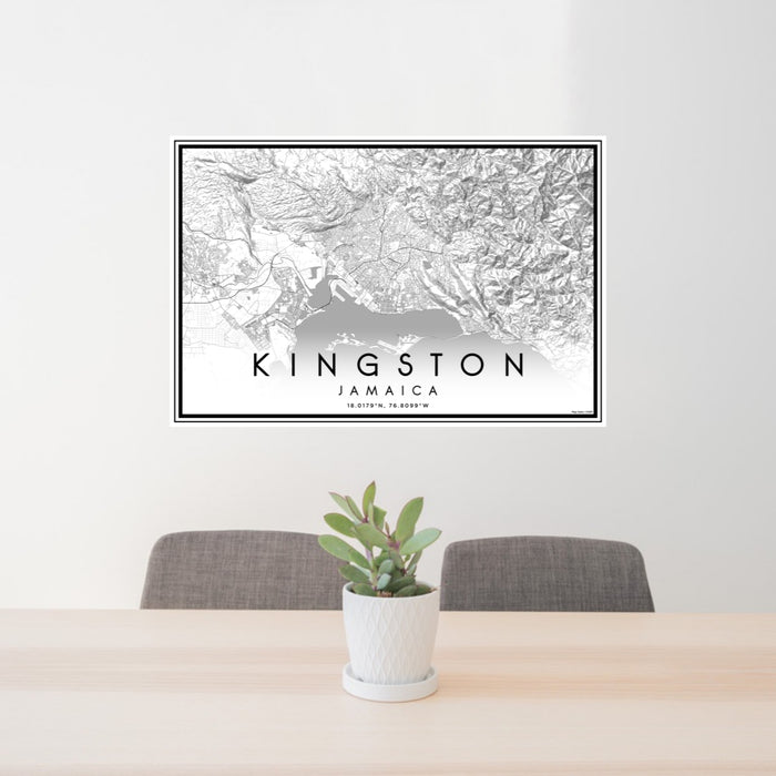24x36 Kingston Jamaica Map Print Lanscape Orientation in Classic Style Behind 2 Chairs Table and Potted Plant