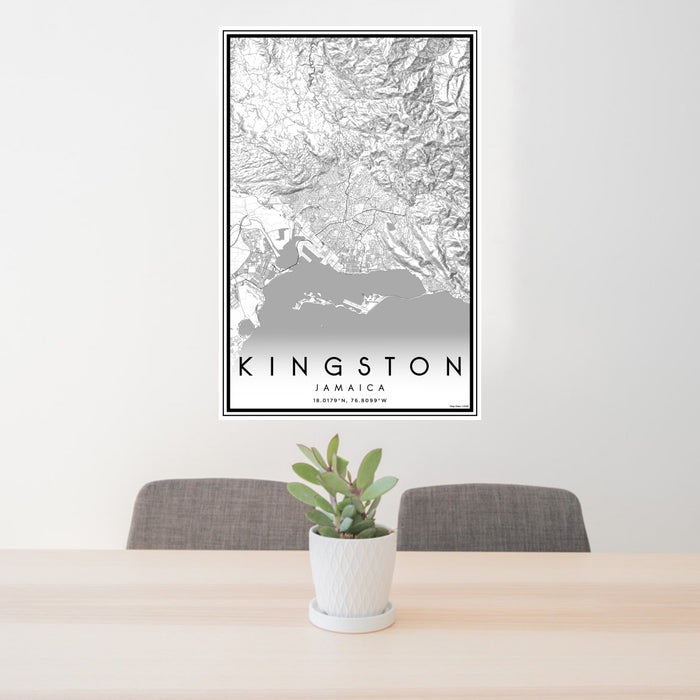 24x36 Kingston Jamaica Map Print Portrait Orientation in Classic Style Behind 2 Chairs Table and Potted Plant