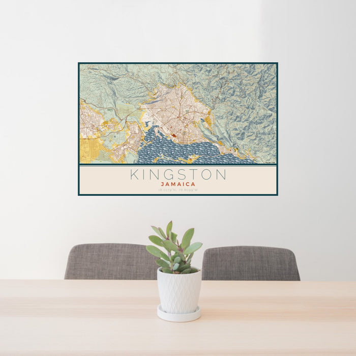 24x36 Kingston Jamaica Map Print Lanscape Orientation in Woodblock Style Behind 2 Chairs Table and Potted Plant