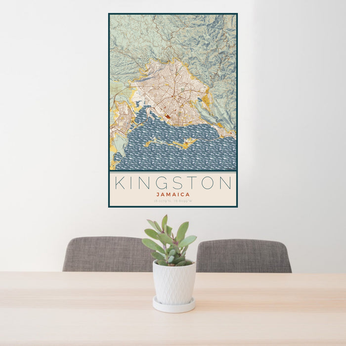 24x36 Kingston Jamaica Map Print Portrait Orientation in Woodblock Style Behind 2 Chairs Table and Potted Plant