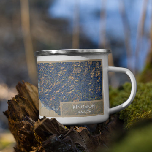 Right View Custom Kingston Jamaica Map Enamel Mug in Afternoon on Grass With Trees in Background