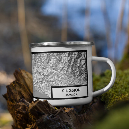 Right View Custom Kingston Jamaica Map Enamel Mug in Classic on Grass With Trees in Background