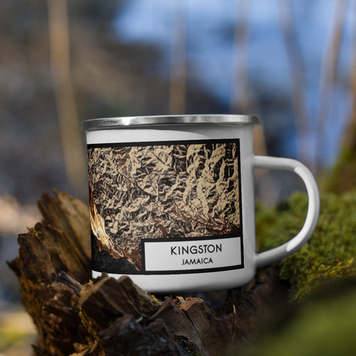 Right View Custom Kingston Jamaica Map Enamel Mug in Ember on Grass With Trees in Background