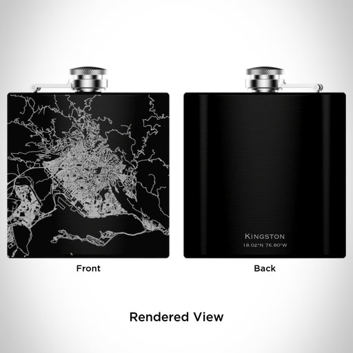 Rendered View of Kingston Jamaica Map Engraving on 6oz Stainless Steel Flask in Black