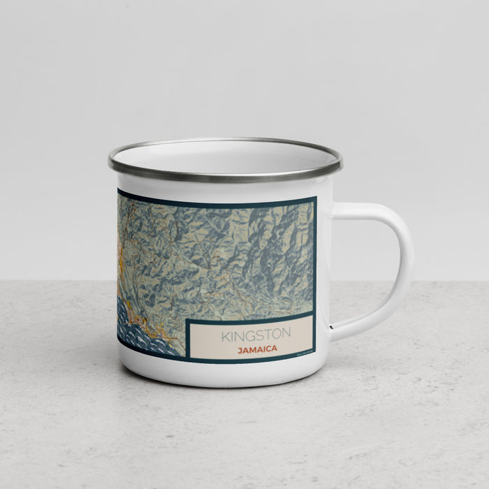 Right View Custom Kingston Jamaica Map Enamel Mug in Woodblock