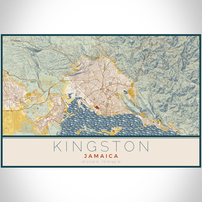 Kingston Jamaica Map Print Landscape Orientation in Woodblock Style With Shaded Background