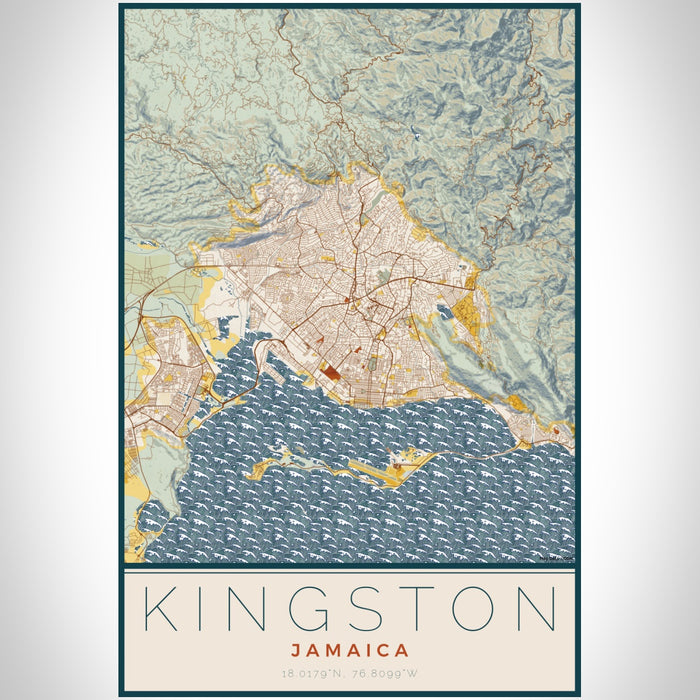 Kingston Jamaica Map Print Portrait Orientation in Woodblock Style With Shaded Background