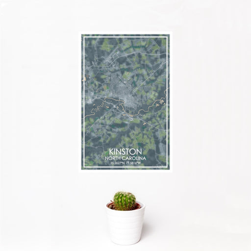 12x18 Kinston North Carolina Map Print Portrait Orientation in Afternoon Style With Small Cactus Plant in White Planter