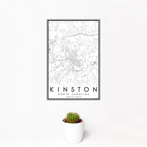 12x18 Kinston North Carolina Map Print Portrait Orientation in Classic Style With Small Cactus Plant in White Planter