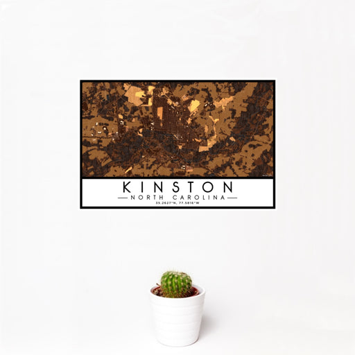 12x18 Kinston North Carolina Map Print Landscape Orientation in Ember Style With Small Cactus Plant in White Planter