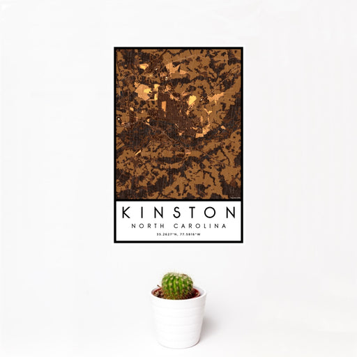 12x18 Kinston North Carolina Map Print Portrait Orientation in Ember Style With Small Cactus Plant in White Planter
