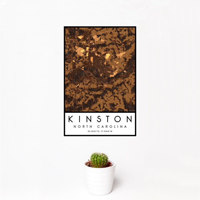 12x18 Kinston North Carolina Map Print Portrait Orientation in Ember Style With Small Cactus Plant in White Planter