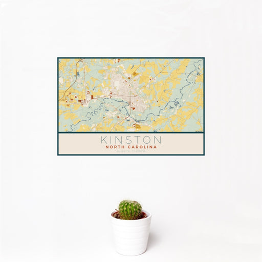 12x18 Kinston North Carolina Map Print Landscape Orientation in Woodblock Style With Small Cactus Plant in White Planter
