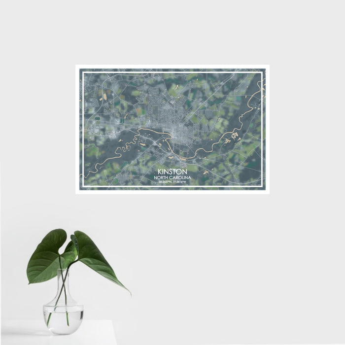 16x24 Kinston North Carolina Map Print Landscape Orientation in Afternoon Style With Tropical Plant Leaves in Water