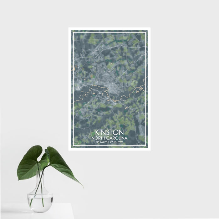 16x24 Kinston North Carolina Map Print Portrait Orientation in Afternoon Style With Tropical Plant Leaves in Water