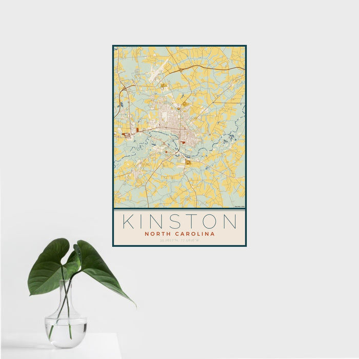 16x24 Kinston North Carolina Map Print Portrait Orientation in Woodblock Style With Tropical Plant Leaves in Water