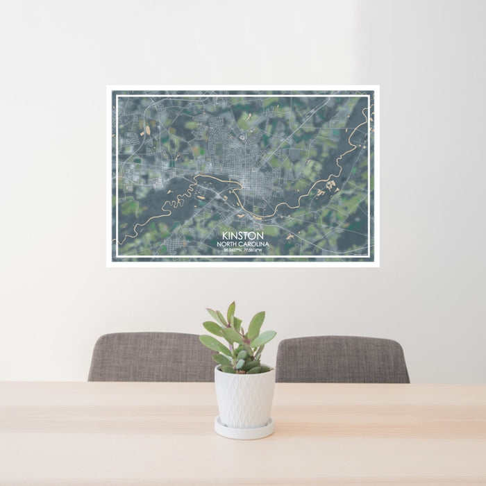 24x36 Kinston North Carolina Map Print Lanscape Orientation in Afternoon Style Behind 2 Chairs Table and Potted Plant
