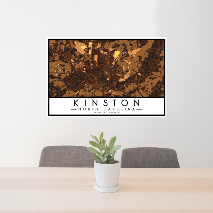 24x36 Kinston North Carolina Map Print Lanscape Orientation in Ember Style Behind 2 Chairs Table and Potted Plant
