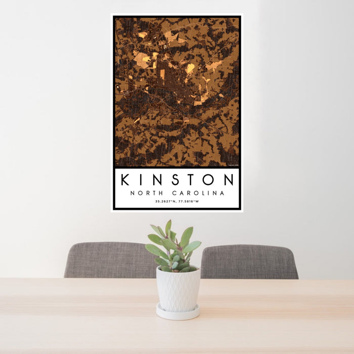 24x36 Kinston North Carolina Map Print Portrait Orientation in Ember Style Behind 2 Chairs Table and Potted Plant