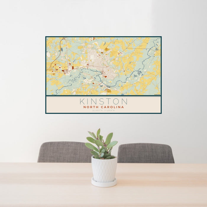 24x36 Kinston North Carolina Map Print Lanscape Orientation in Woodblock Style Behind 2 Chairs Table and Potted Plant