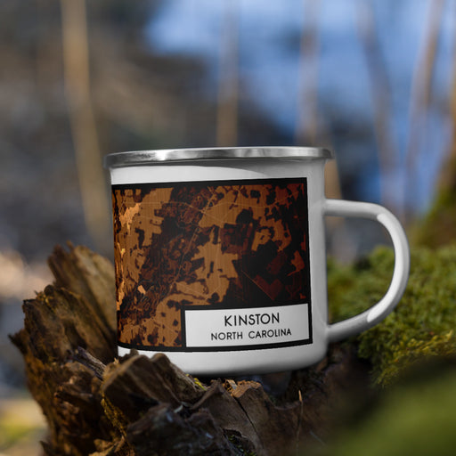 Right View Custom Kinston North Carolina Map Enamel Mug in Ember on Grass With Trees in Background