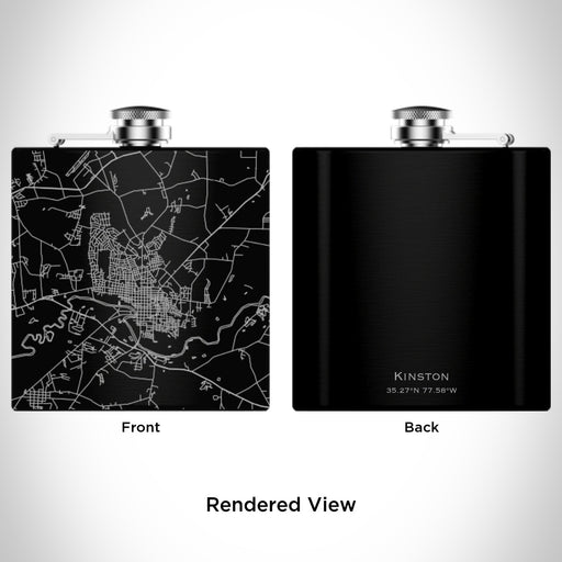 Rendered View of Kinston North Carolina Map Engraving on 6oz Stainless Steel Flask in Black