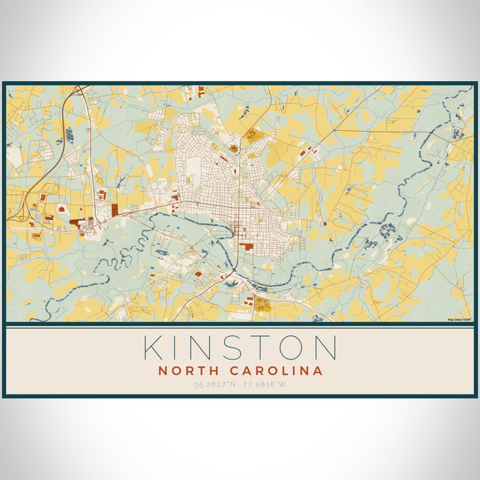 Kinston North Carolina Map Print Landscape Orientation in Woodblock Style With Shaded Background