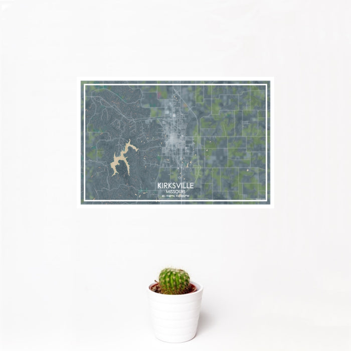 12x18 Kirksville Missouri Map Print Landscape Orientation in Afternoon Style With Small Cactus Plant in White Planter