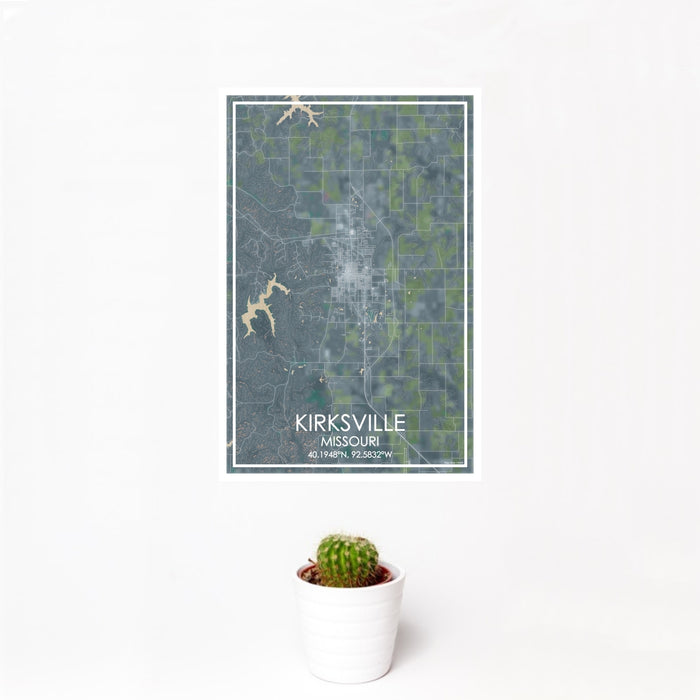 12x18 Kirksville Missouri Map Print Portrait Orientation in Afternoon Style With Small Cactus Plant in White Planter