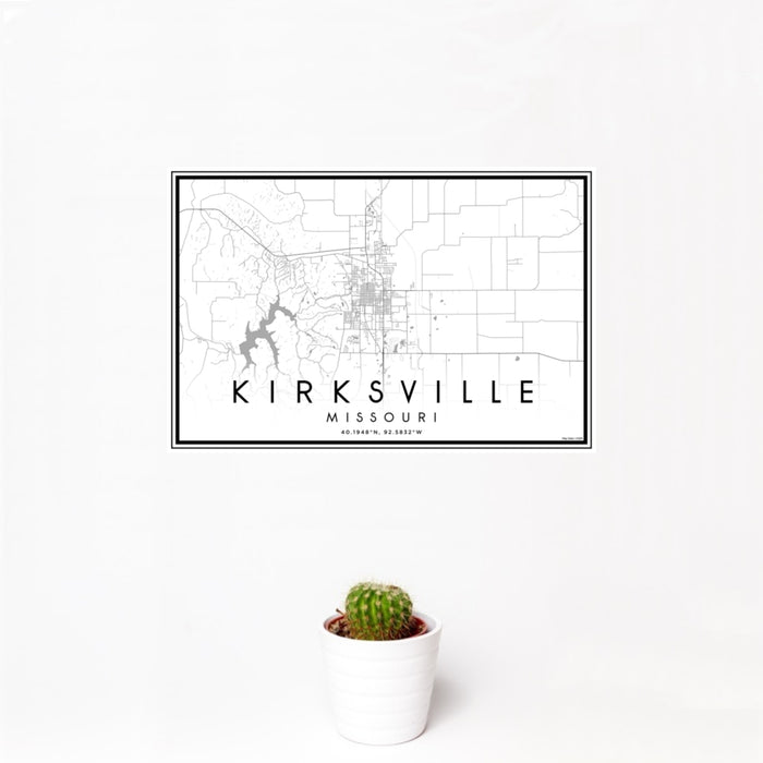 12x18 Kirksville Missouri Map Print Landscape Orientation in Classic Style With Small Cactus Plant in White Planter