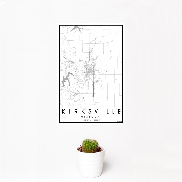 12x18 Kirksville Missouri Map Print Portrait Orientation in Classic Style With Small Cactus Plant in White Planter