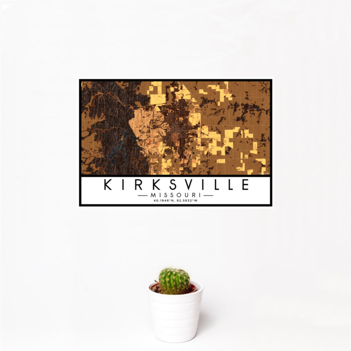 12x18 Kirksville Missouri Map Print Landscape Orientation in Ember Style With Small Cactus Plant in White Planter