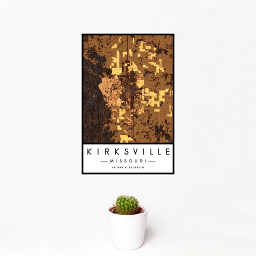 12x18 Kirksville Missouri Map Print Portrait Orientation in Ember Style With Small Cactus Plant in White Planter