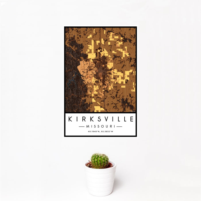 12x18 Kirksville Missouri Map Print Portrait Orientation in Ember Style With Small Cactus Plant in White Planter