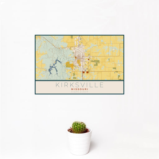 12x18 Kirksville Missouri Map Print Landscape Orientation in Woodblock Style With Small Cactus Plant in White Planter