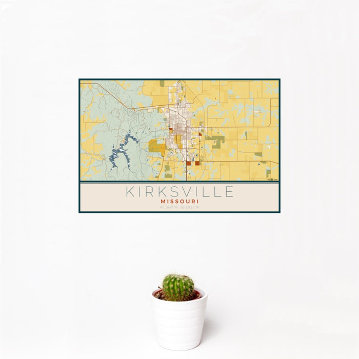 12x18 Kirksville Missouri Map Print Landscape Orientation in Woodblock Style With Small Cactus Plant in White Planter
