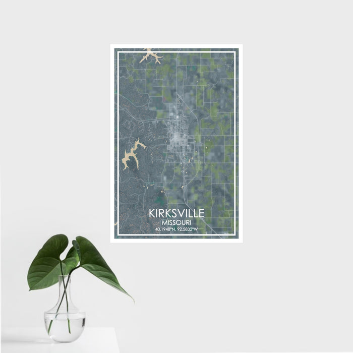 16x24 Kirksville Missouri Map Print Portrait Orientation in Afternoon Style With Tropical Plant Leaves in Water