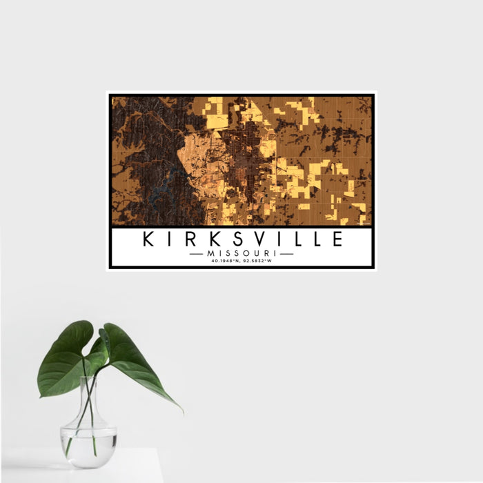 16x24 Kirksville Missouri Map Print Landscape Orientation in Ember Style With Tropical Plant Leaves in Water
