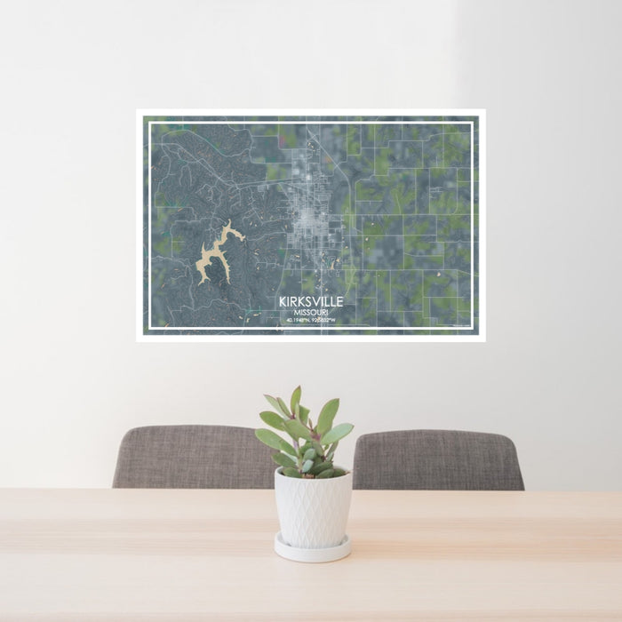 24x36 Kirksville Missouri Map Print Lanscape Orientation in Afternoon Style Behind 2 Chairs Table and Potted Plant
