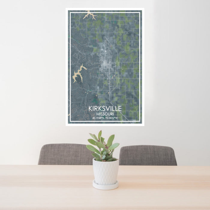 24x36 Kirksville Missouri Map Print Portrait Orientation in Afternoon Style Behind 2 Chairs Table and Potted Plant