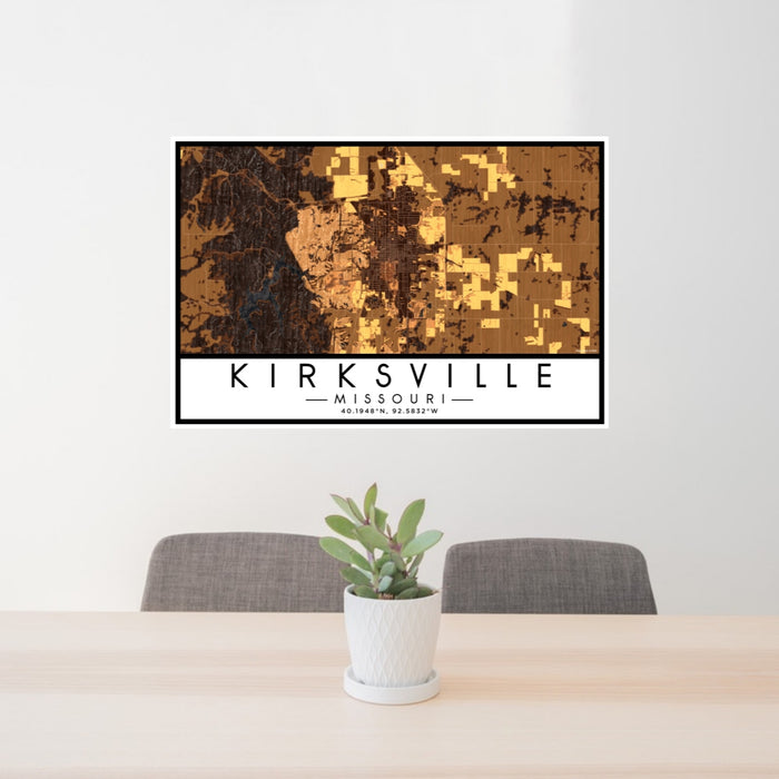 24x36 Kirksville Missouri Map Print Lanscape Orientation in Ember Style Behind 2 Chairs Table and Potted Plant