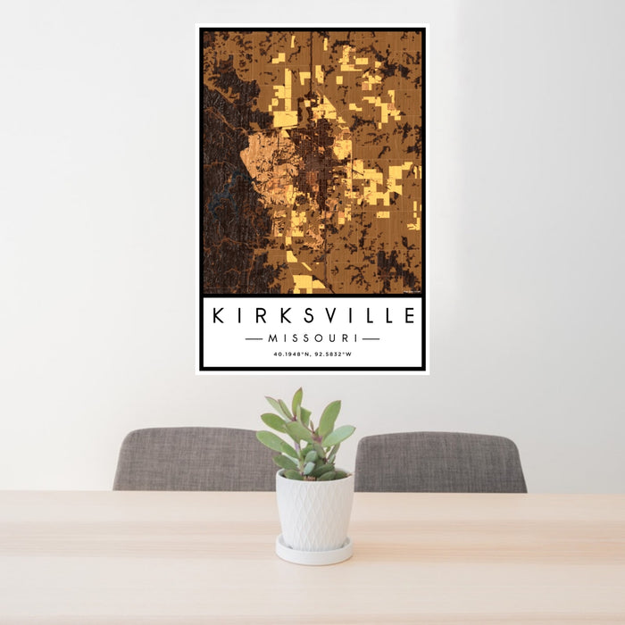 24x36 Kirksville Missouri Map Print Portrait Orientation in Ember Style Behind 2 Chairs Table and Potted Plant