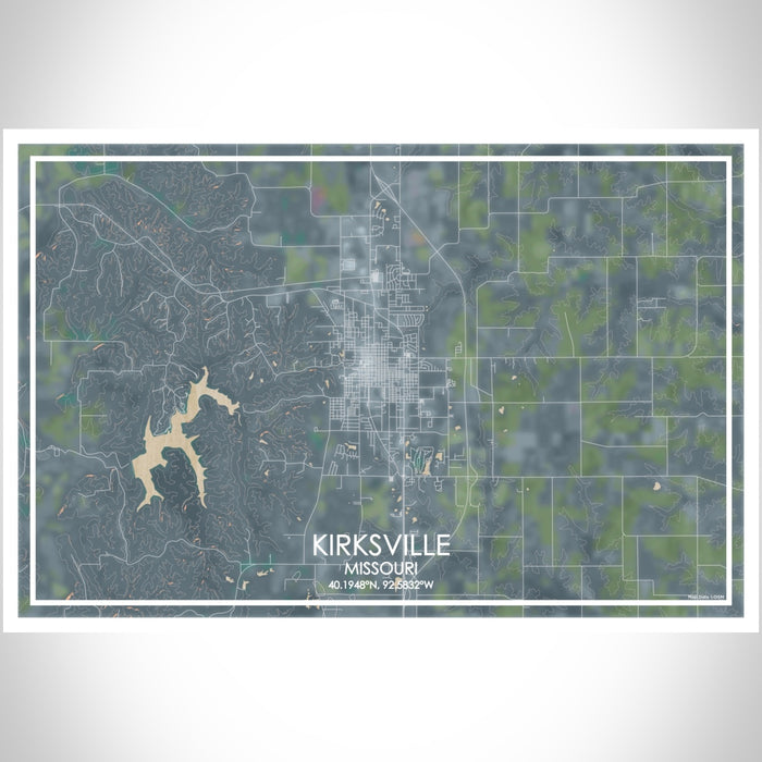 Kirksville Missouri Map Print Landscape Orientation in Afternoon Style With Shaded Background