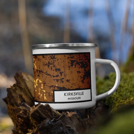 Right View Custom Kirksville Missouri Map Enamel Mug in Ember on Grass With Trees in Background