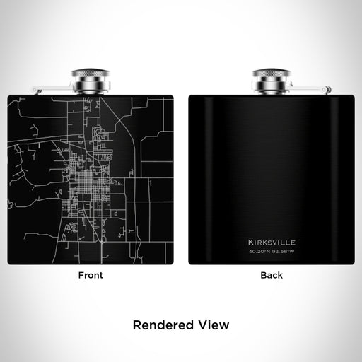Rendered View of Kirksville Missouri Map Engraving on 6oz Stainless Steel Flask in Black