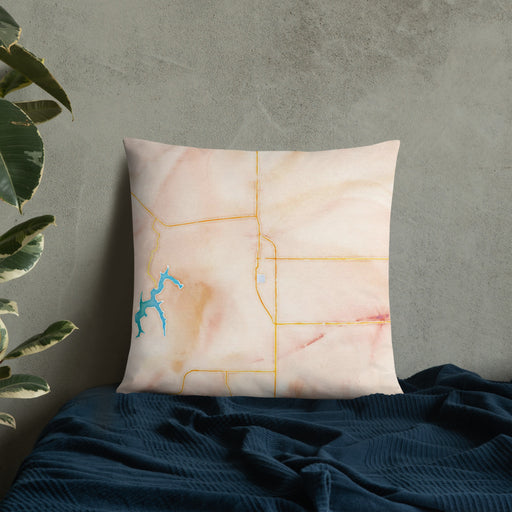Custom Kirksville Missouri Map Throw Pillow in Watercolor on Bedding Against Wall