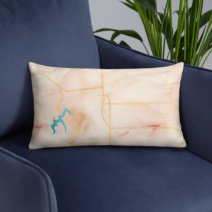 Custom Kirksville Missouri Map Throw Pillow in Watercolor on Blue Colored Chair