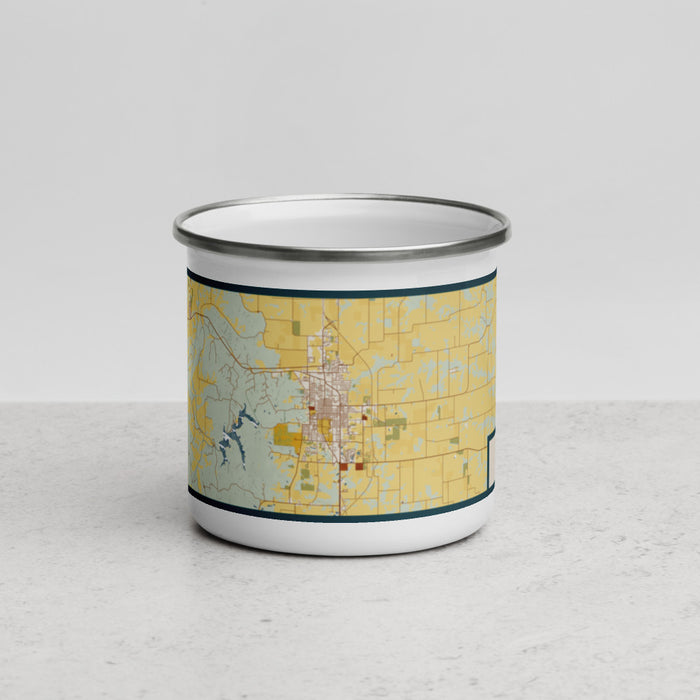 Front View Custom Kirksville Missouri Map Enamel Mug in Woodblock