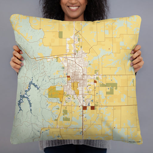 Person holding 22x22 Custom Kirksville Missouri Map Throw Pillow in Woodblock