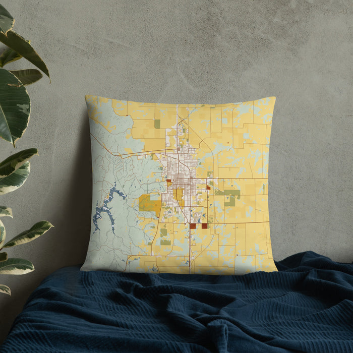 Custom Kirksville Missouri Map Throw Pillow in Woodblock on Bedding Against Wall